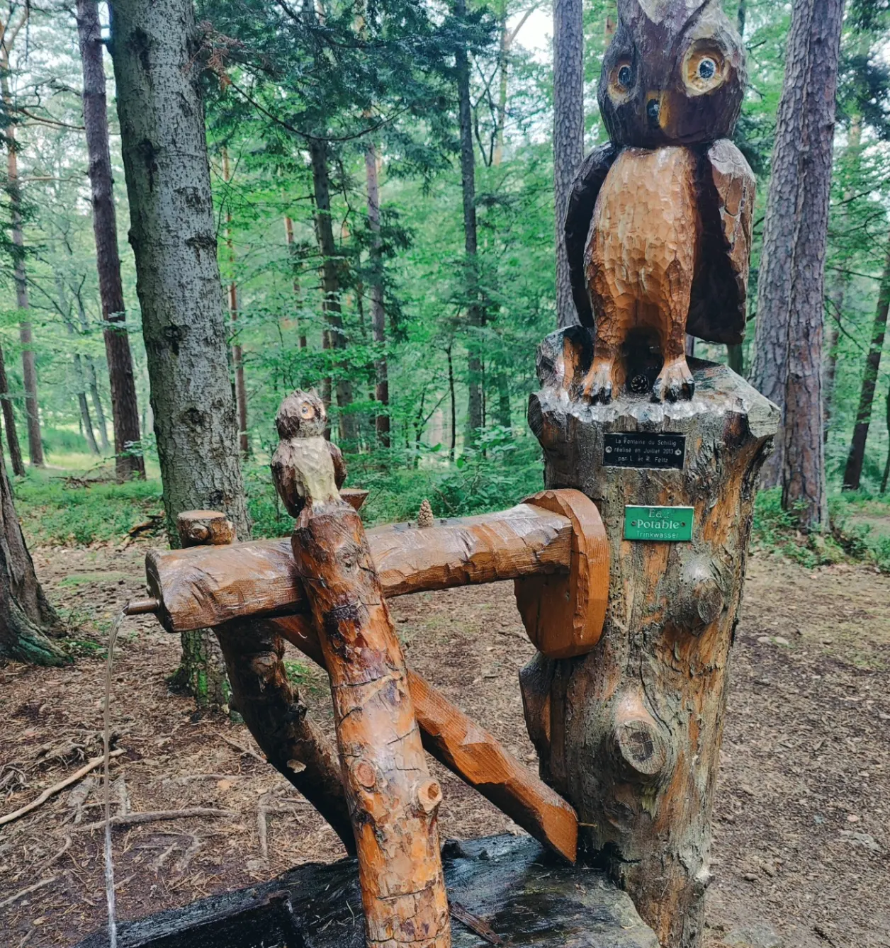 Fontaine sculptée en bois avec des chouettes dans la forêt