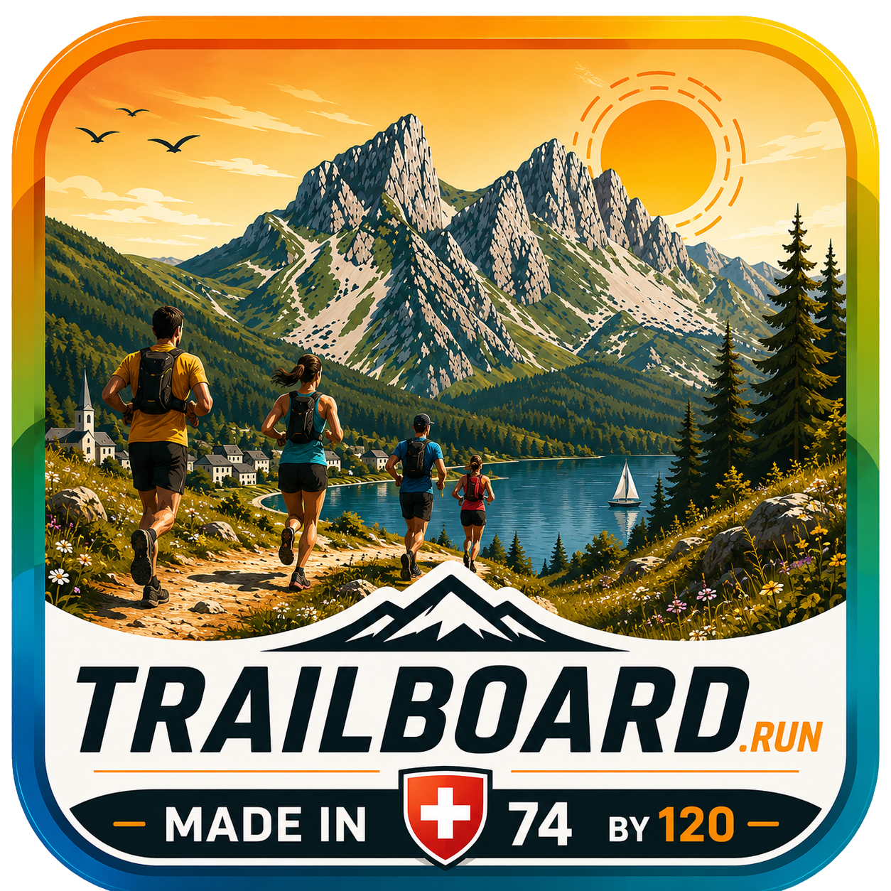 Logo illustré Trailboard avec des coureurs face aux montagnes