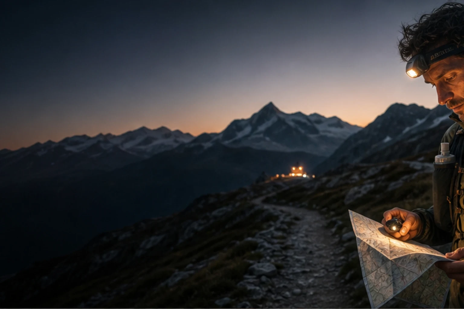 Traileur au crépuscule lisant son itinéraire avec une lampe frontale, loin du prochain ravitaillement.