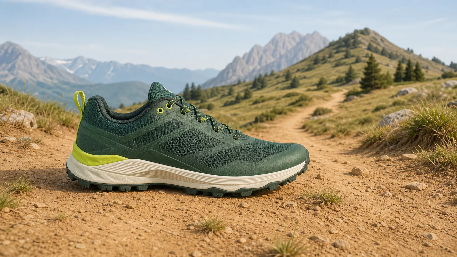 Une chaussure de trail posée sur un sentier de montagne rocheux.