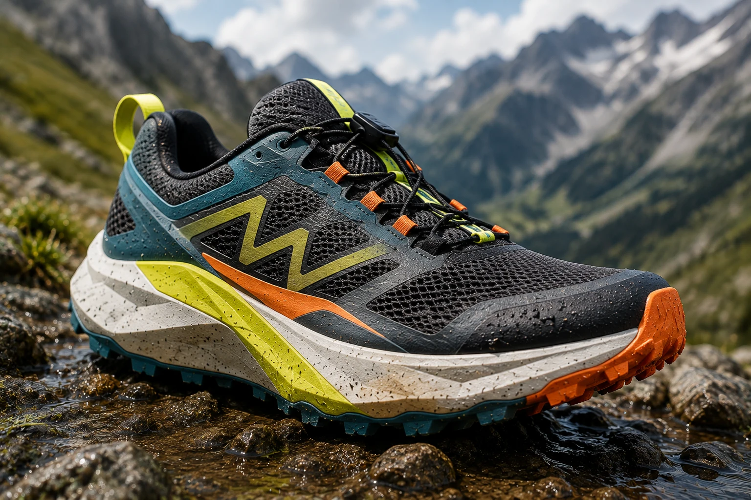 Chaussure de trail conçue pour les longues distances, posée dans un environnement alpin rocheux.