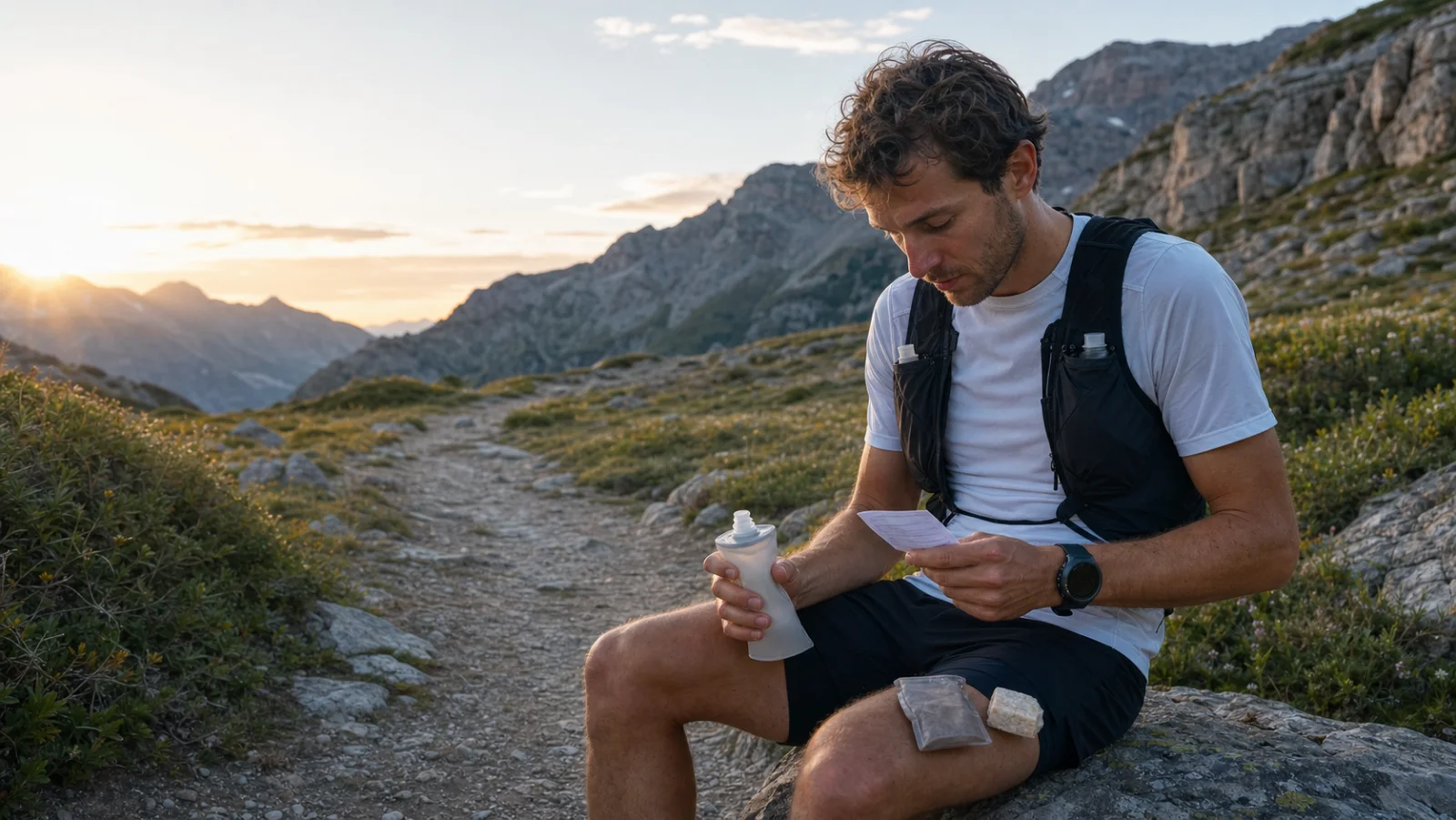 Corredor de trail en montaña revisando su estrategia nutricional durante una salida larga.