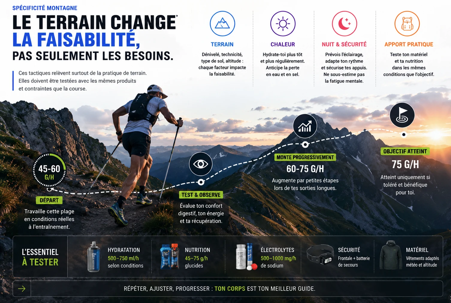 Même trailer dans une montée raide, une descente technique, une section chaude et une portion nocturne avec différents moments possibles pour manger ou boire.