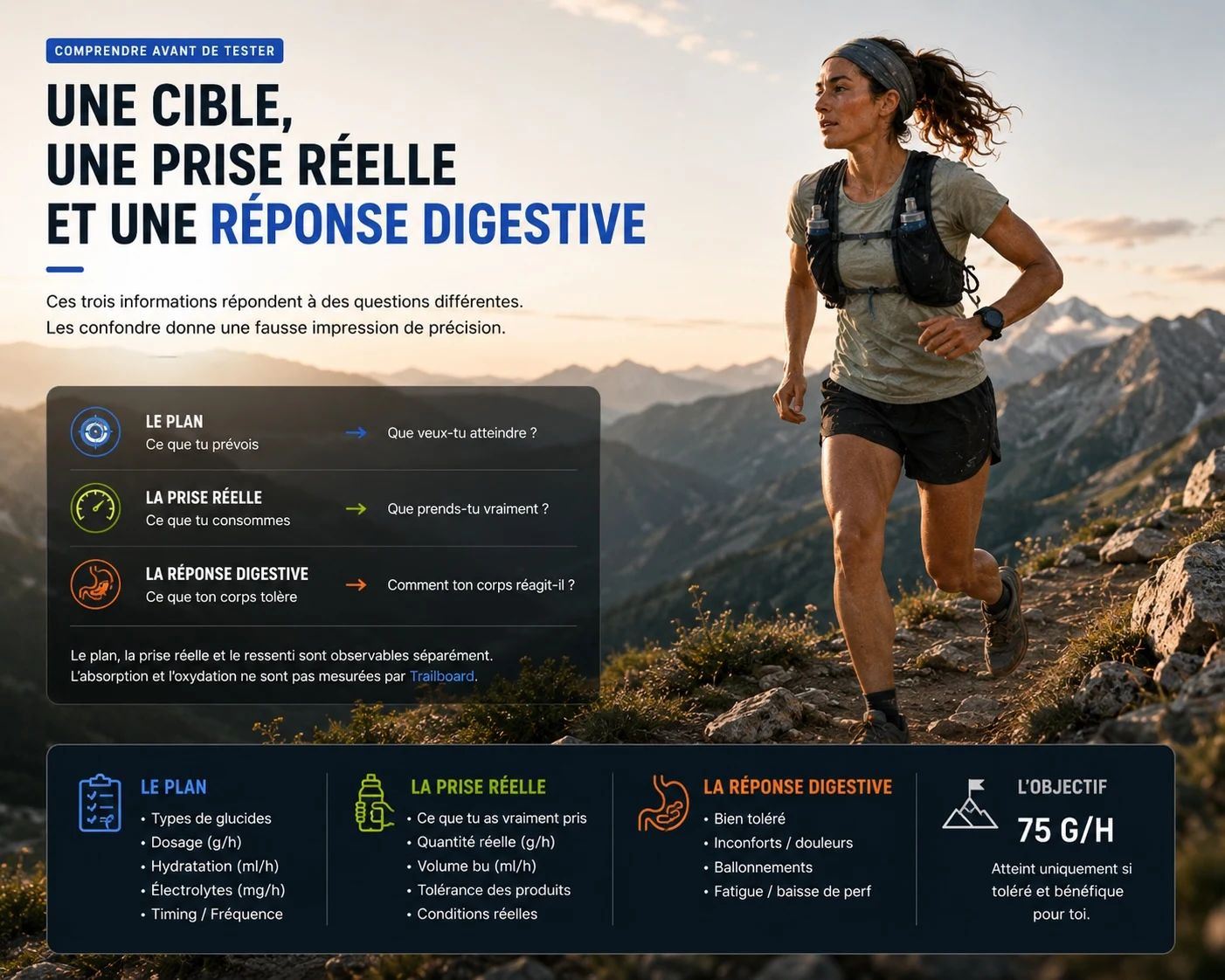 Traileuse reliant visuellement les produits prévus, les produits réellement consommés et la réponse digestive observée, tandis que l’absorption reste inconnue.