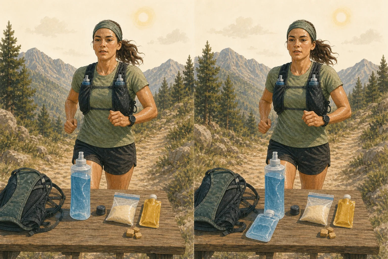 Dos salidas de trail comparables mostradas como un experimento con un solo elemento nutricional modificado.