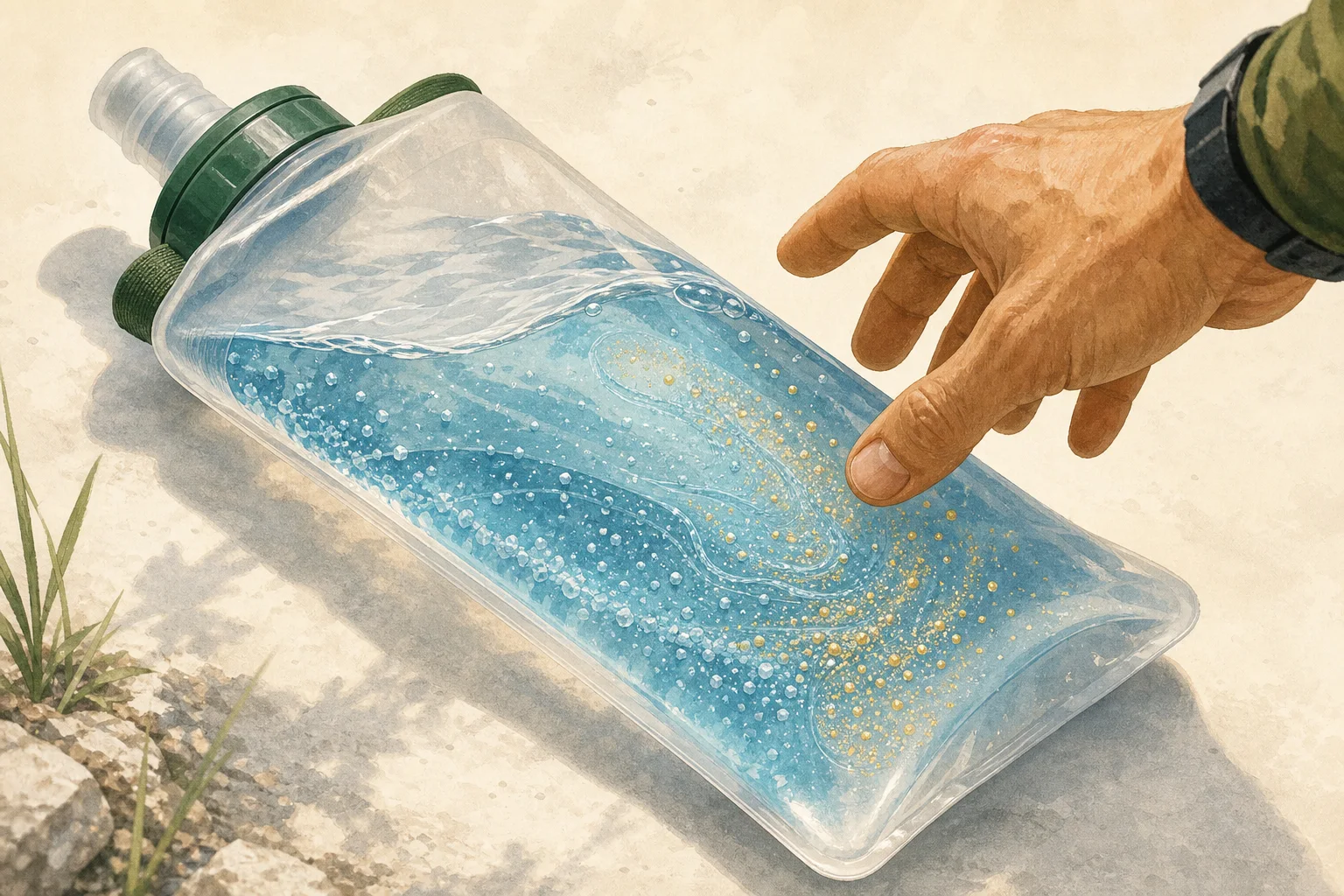 Transparent bottle separated into water, sodium particles and carbohydrate energy with three distinct flows.