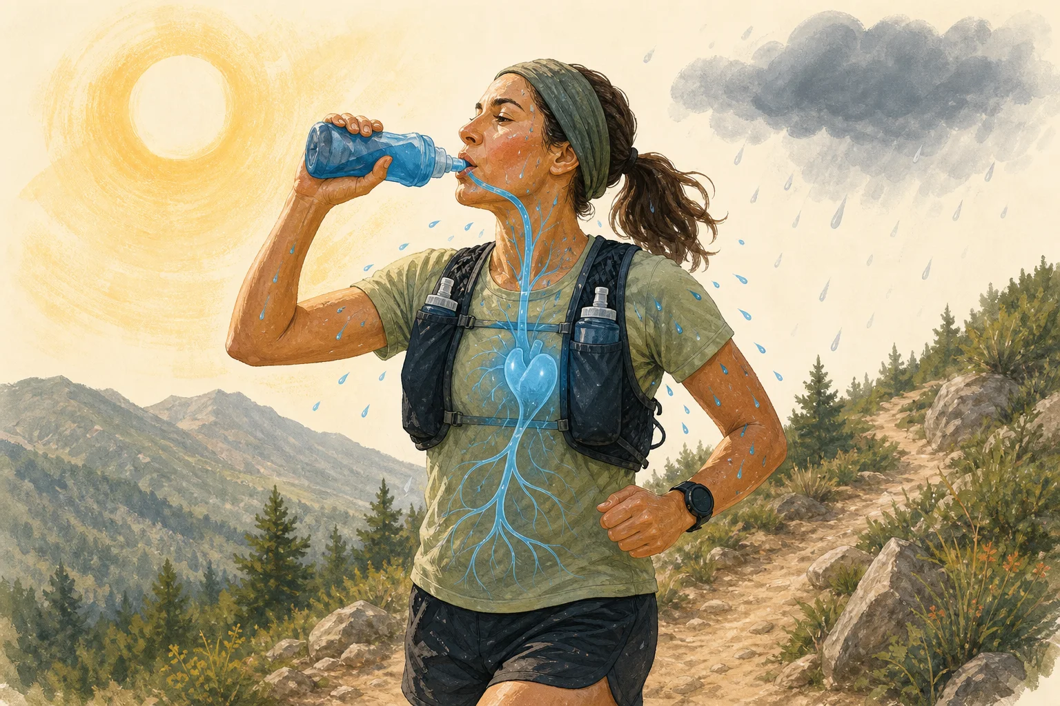 Trail runner surrounded by visual flows showing fluid entering, heat exposure and sweat leaving the body.