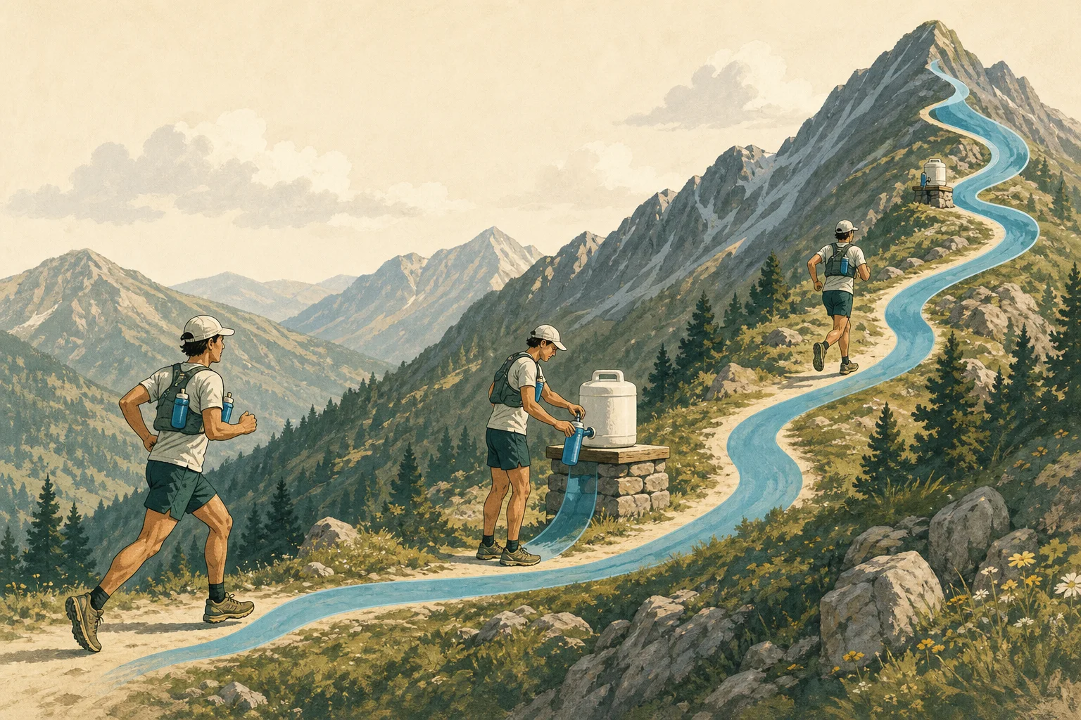 Illustrated mountain route with a start, carried flasks, aid stations and successive refills.