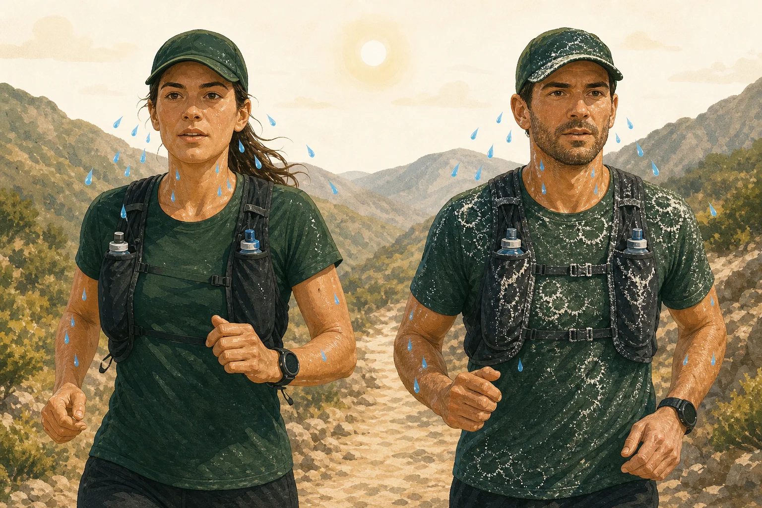 Two trail runners sweating a similar volume, one with few salt crystals and the other with many visible salt marks.