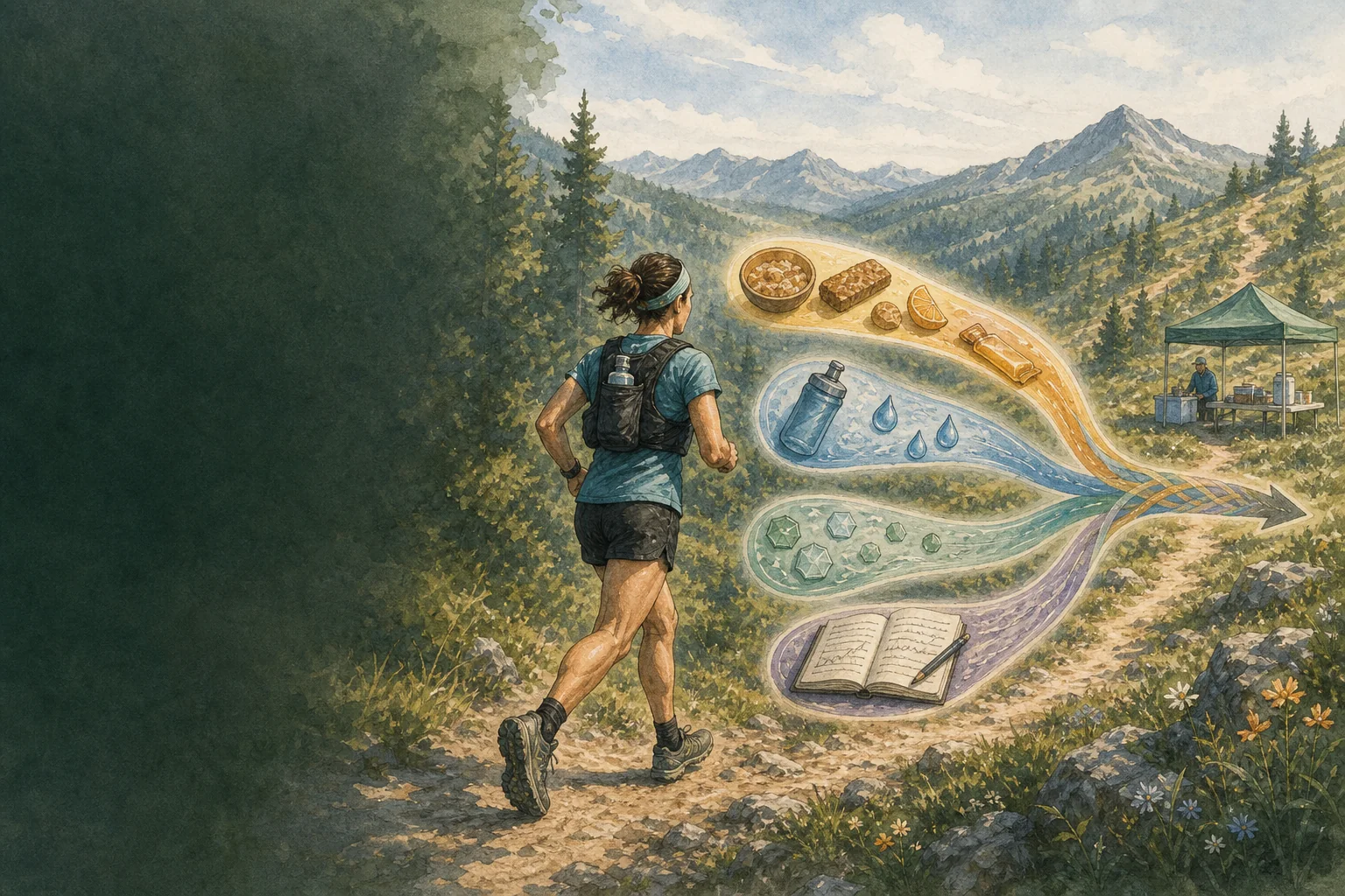 Une traileuse rejoint un ravitaillement pendant que quatre flux illustrent les glucides, l’eau, les électrolytes et les essais digestifs.