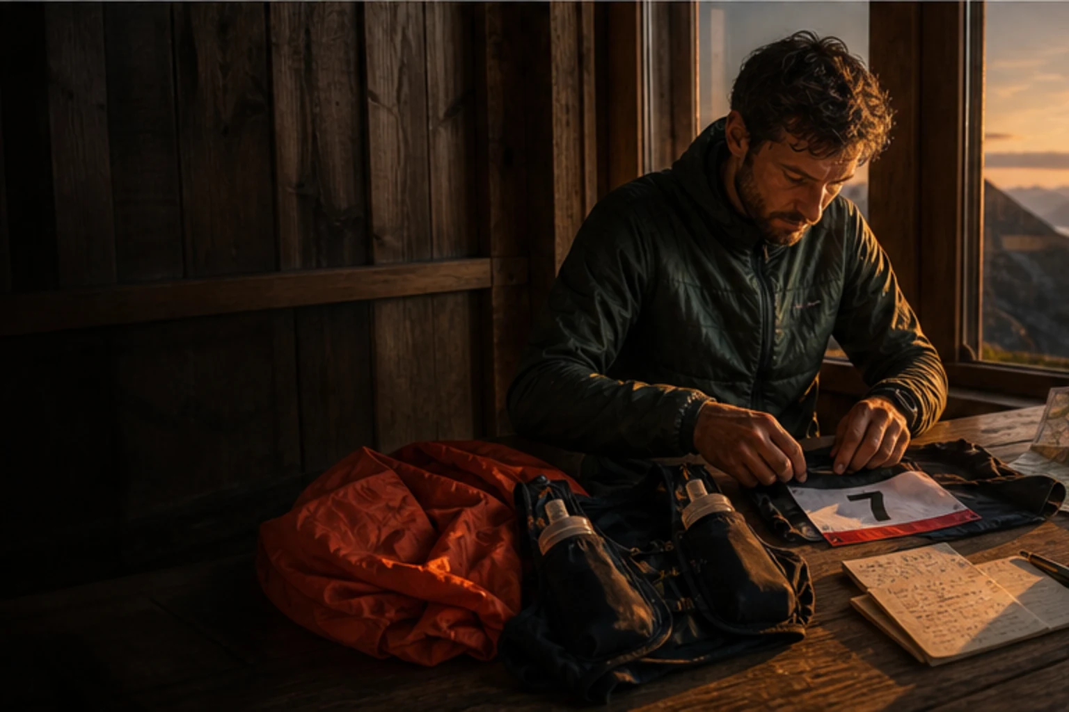 Traileur préparant son équipement et son dossard au lever du jour dans un refuge de montagne.