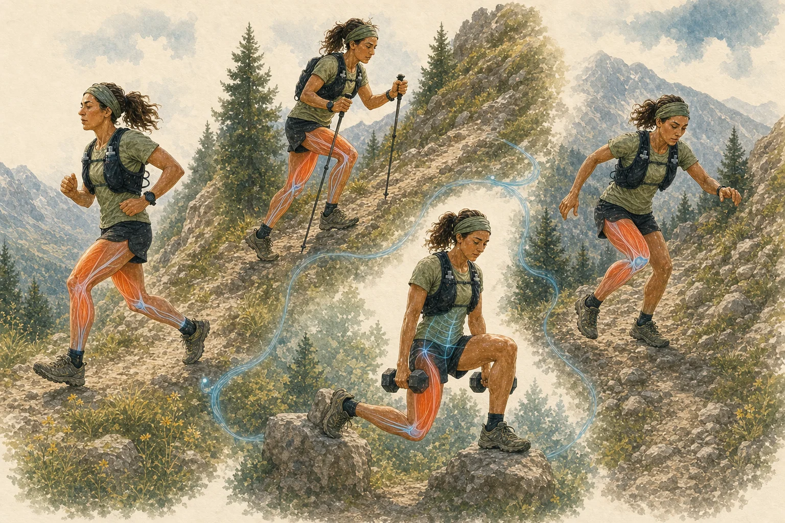One trail runner practising uphill hiking, controlled downhill running, endurance and strength training.