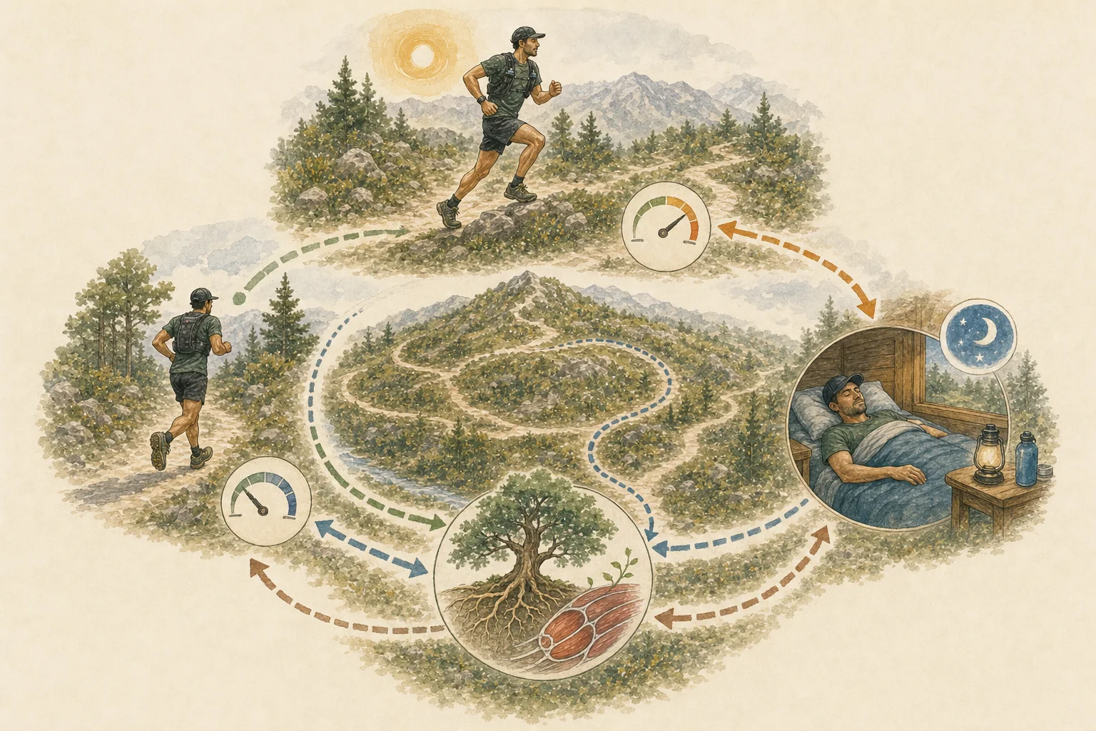 Trail runner progressing through cycles of load, recovery, observation and adaptation rather than climbing continuously.