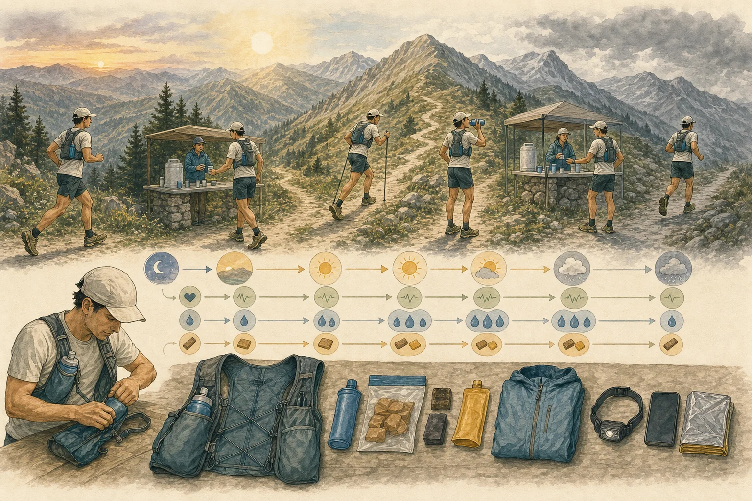 Trail runner rehearsing a race segment with pack, nutrition, weather, pacing and aid station.