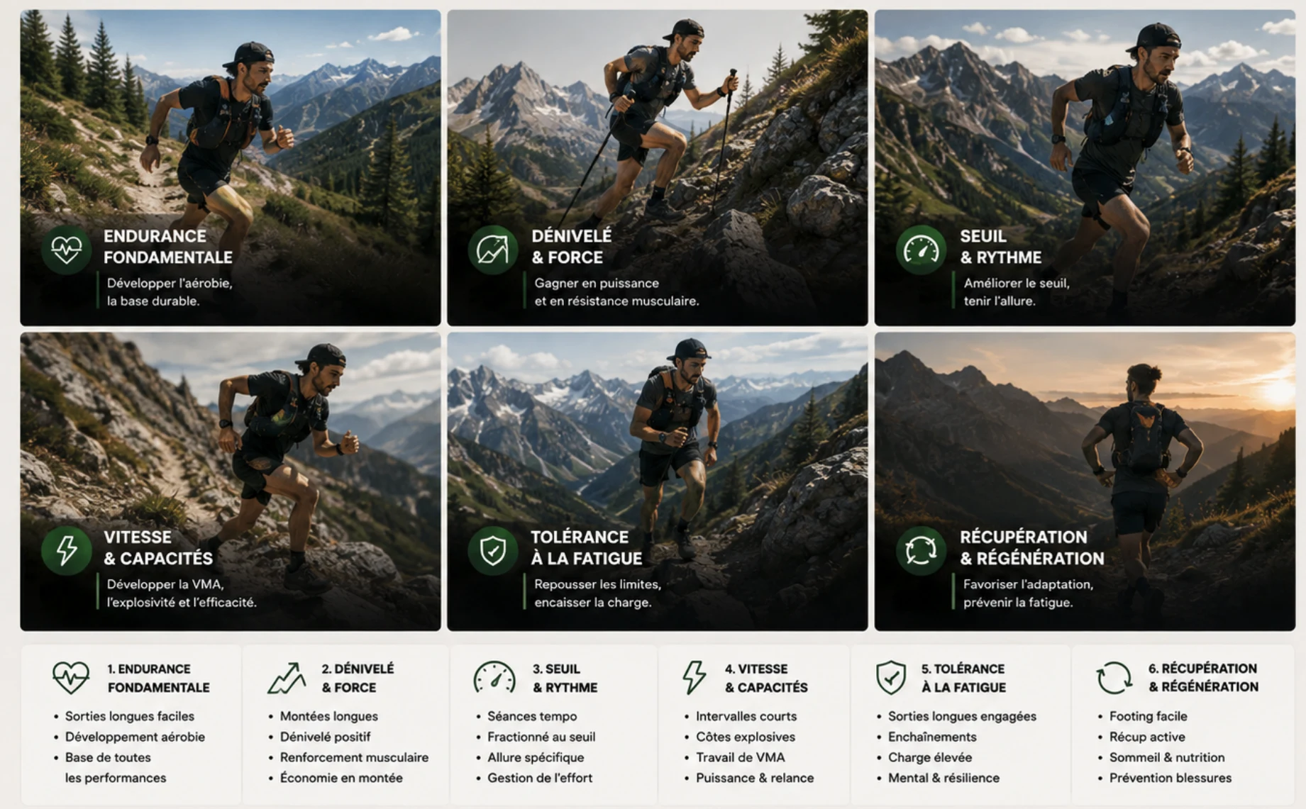 Six familles de séances utiles au trail : endurance, dénivelé et force, seuil et rythme, vitesse, tolérance à la fatigue, récupération.