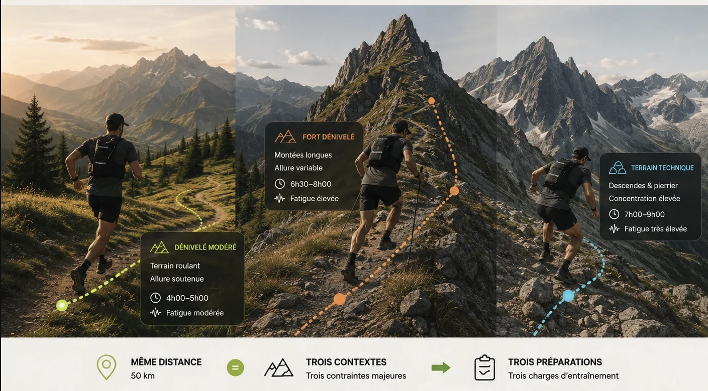 Trois contextes de trail de 50 km : terrain roulant, fort dénivelé et terrain technique, avec leurs durées et fatigues distinctes.
