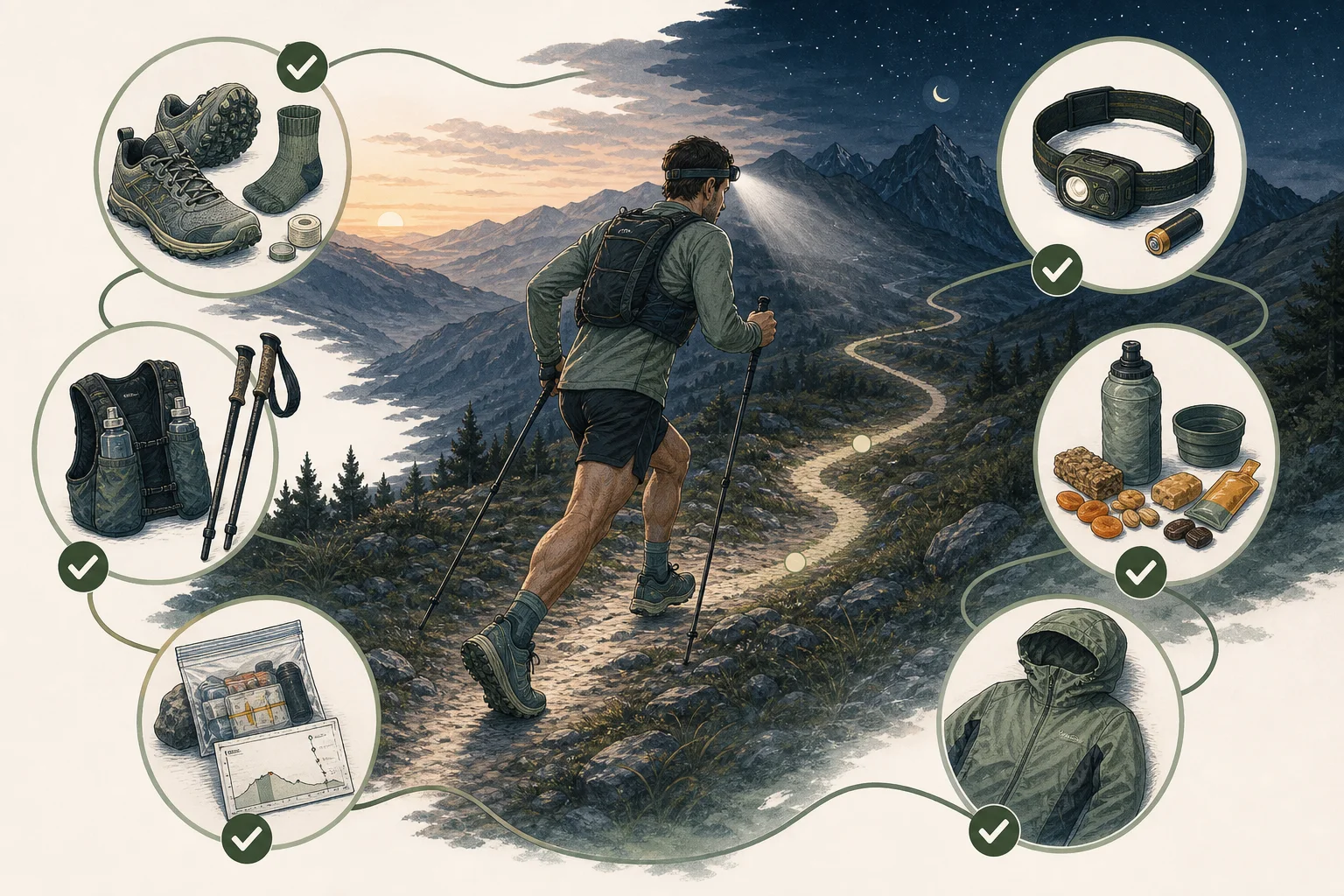 Complete race rehearsal with shoes, vest, poles, headlamp, food, shell and route card.