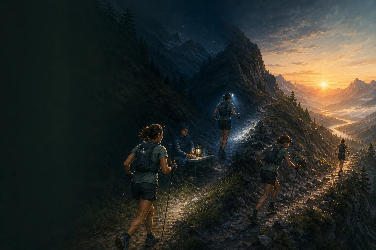 Trail runner crossing the mountains from evening to sunrise with poles, headlamp and an aid stop.