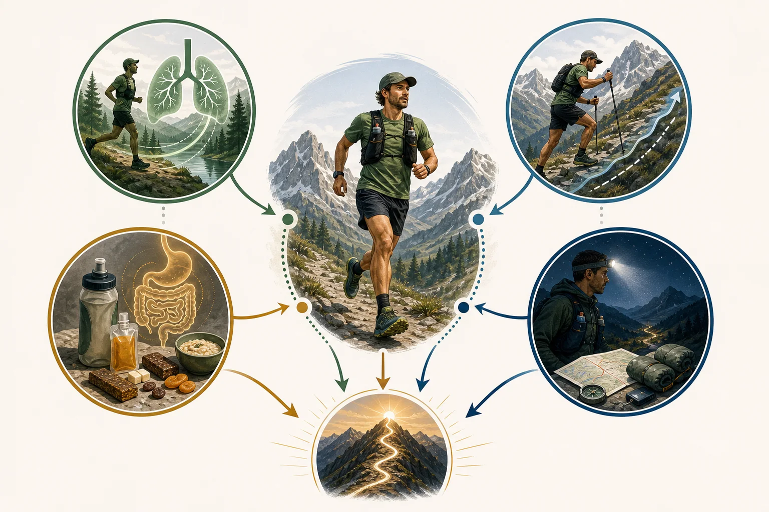 Five connected ultra capacities: endurance, climbing, downhill, nutrition and night autonomy.