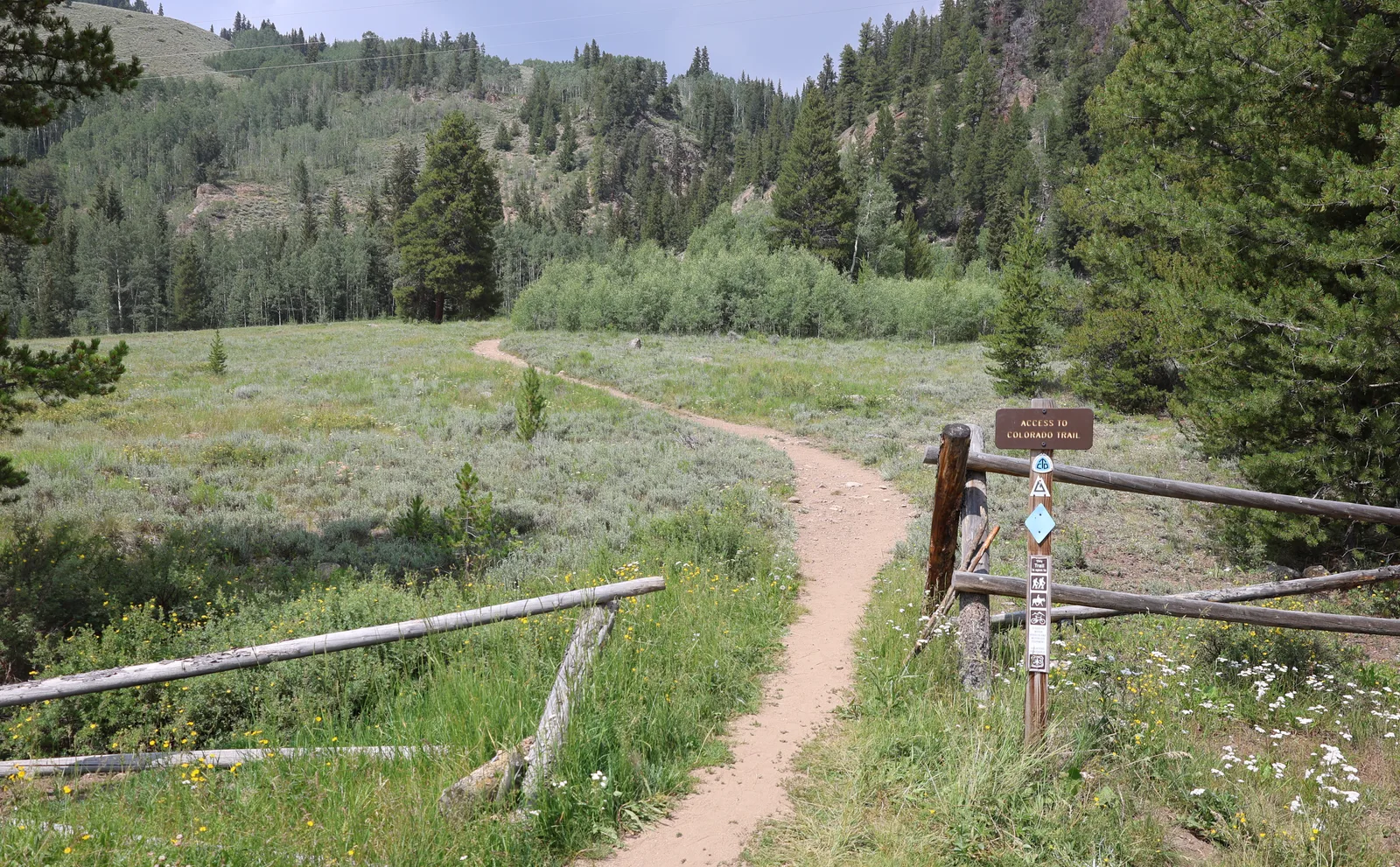 Continental Divide Trail path and trailhead marker at Camp Hale, Colorado