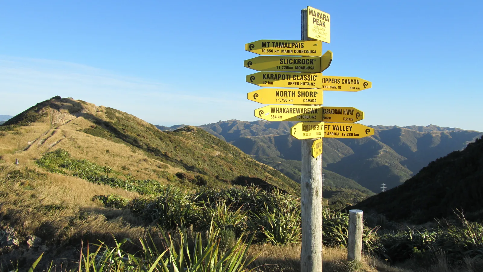 Makara Peak summit sign, aid station on the Faultline Ultra 53 and 103 km routes