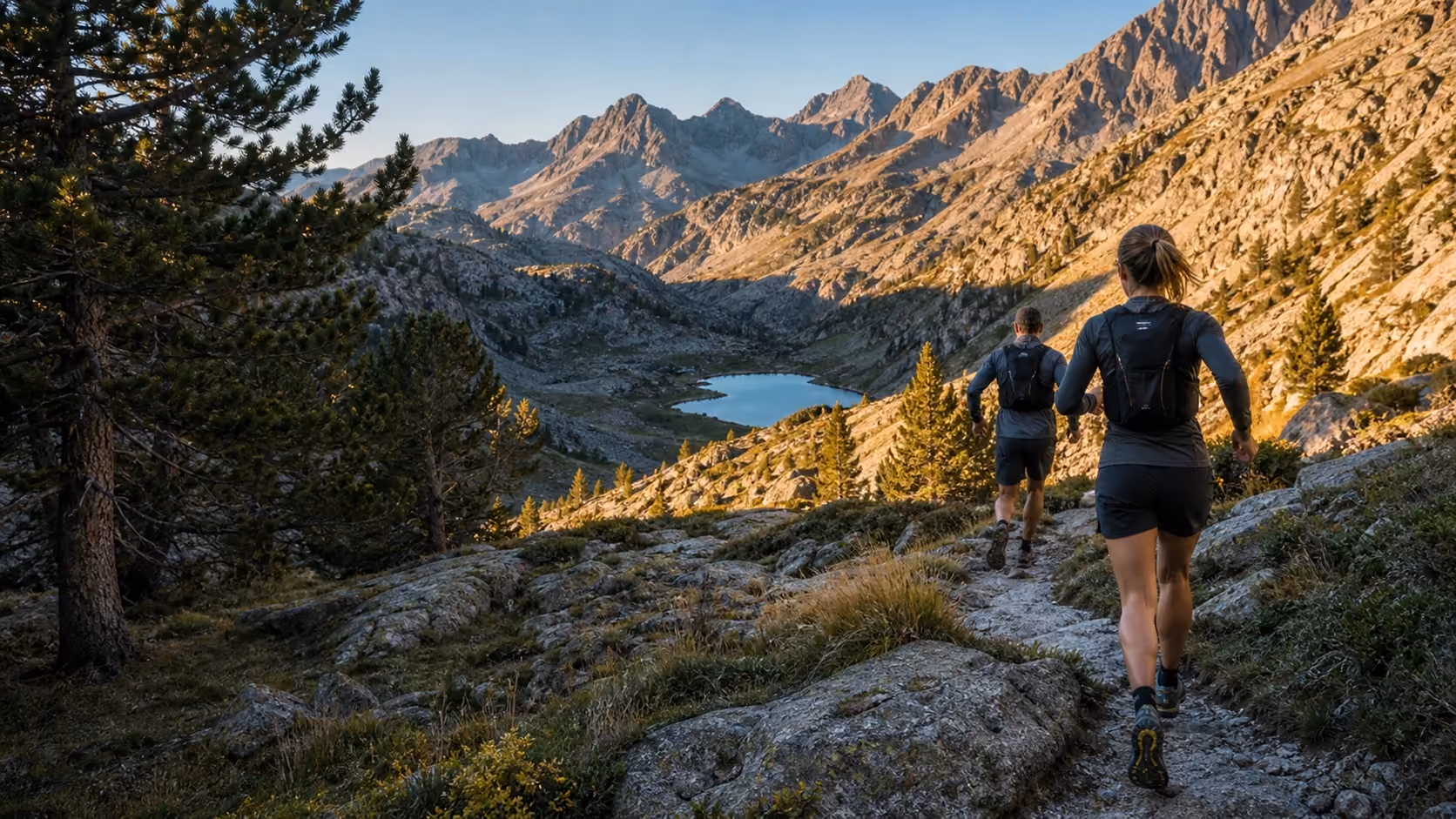 Dos corredores de trail avanzan por un sendero de los Pirineos en verano.