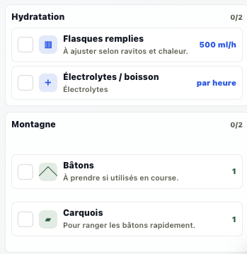 Préparation hydratation et matériel dans Trailboard