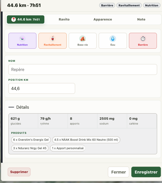 Détail d’un repère nutrition dans Trailboard