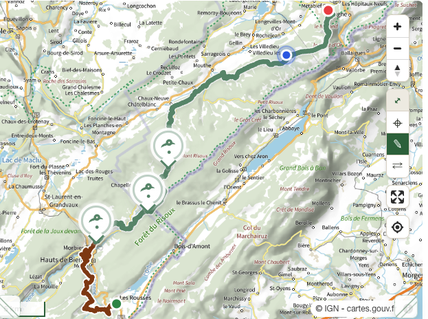Trailboard map showing a race route and its aid stations