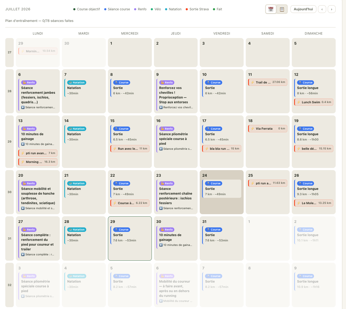 Trailboard calendar showing a training programme with runs, long runs, strength and swimming