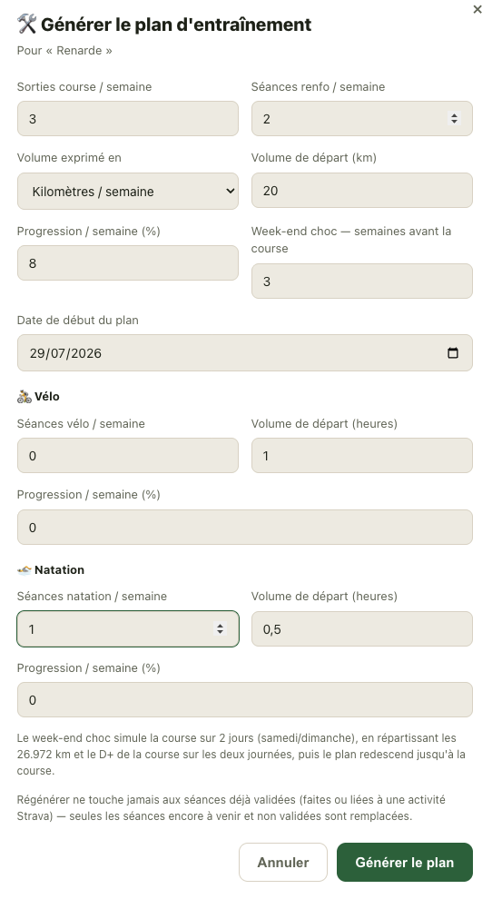 Trailboard training plan generator settings for an ultra race